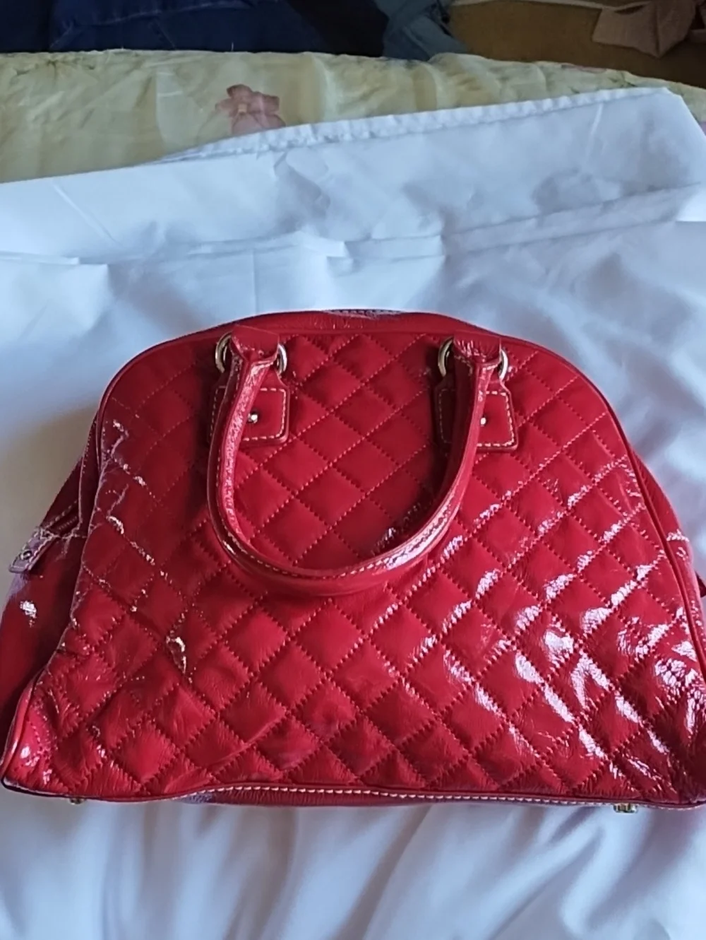 Quilted Patent Red Dome Satchel Handbag
